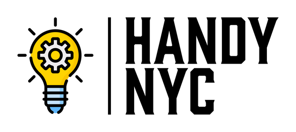 Handy NYC logo featuring bold black text ‘Handy NYC’ alongside a yellow light bulb with glowing rays, symbolizing ideas and innovation. A white gear is centered inside the bulb, representing technical expertise and handyman services.
